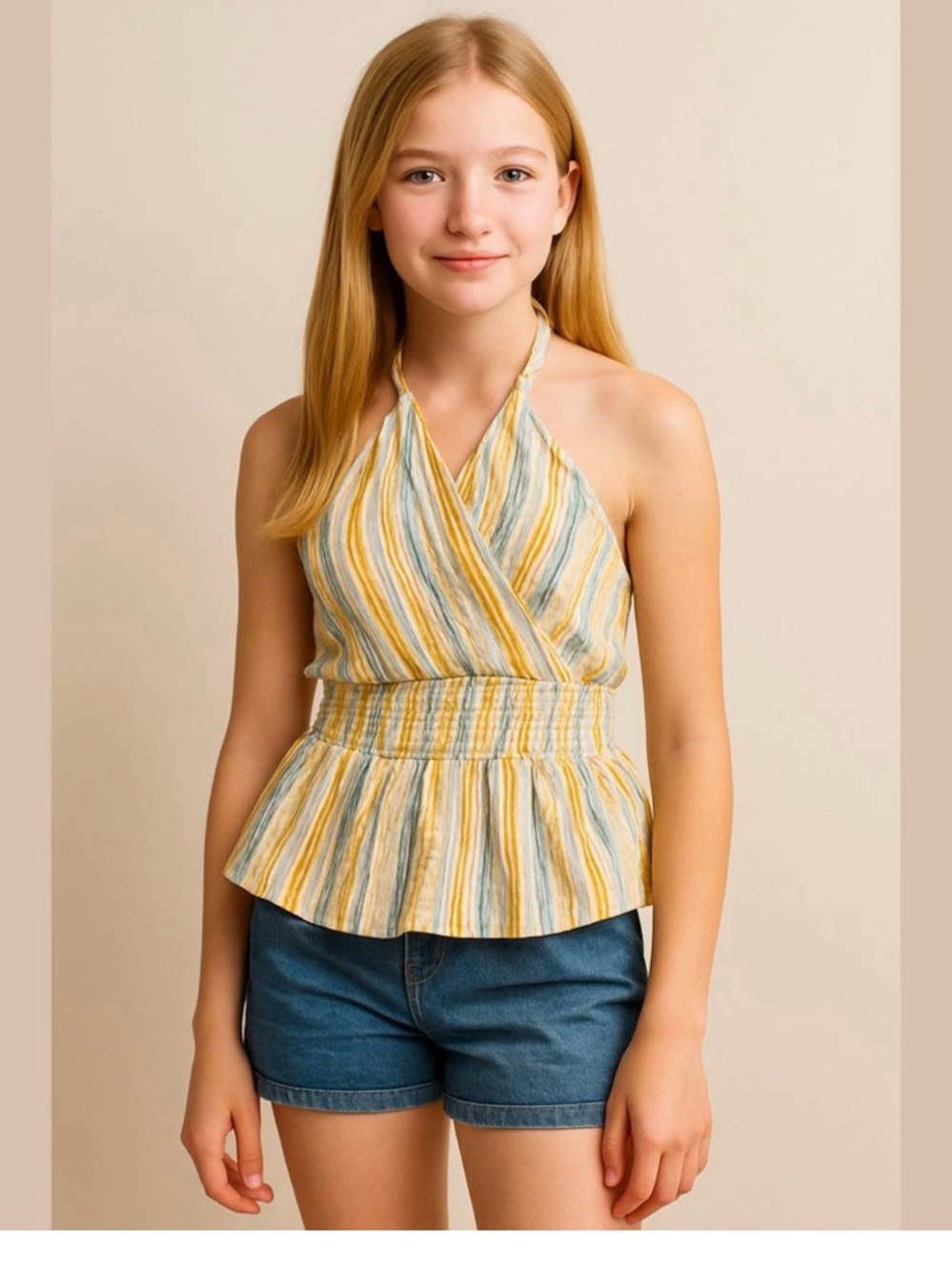 Speechless Yellow Blue and Cream Striped Halter Peplum Tank